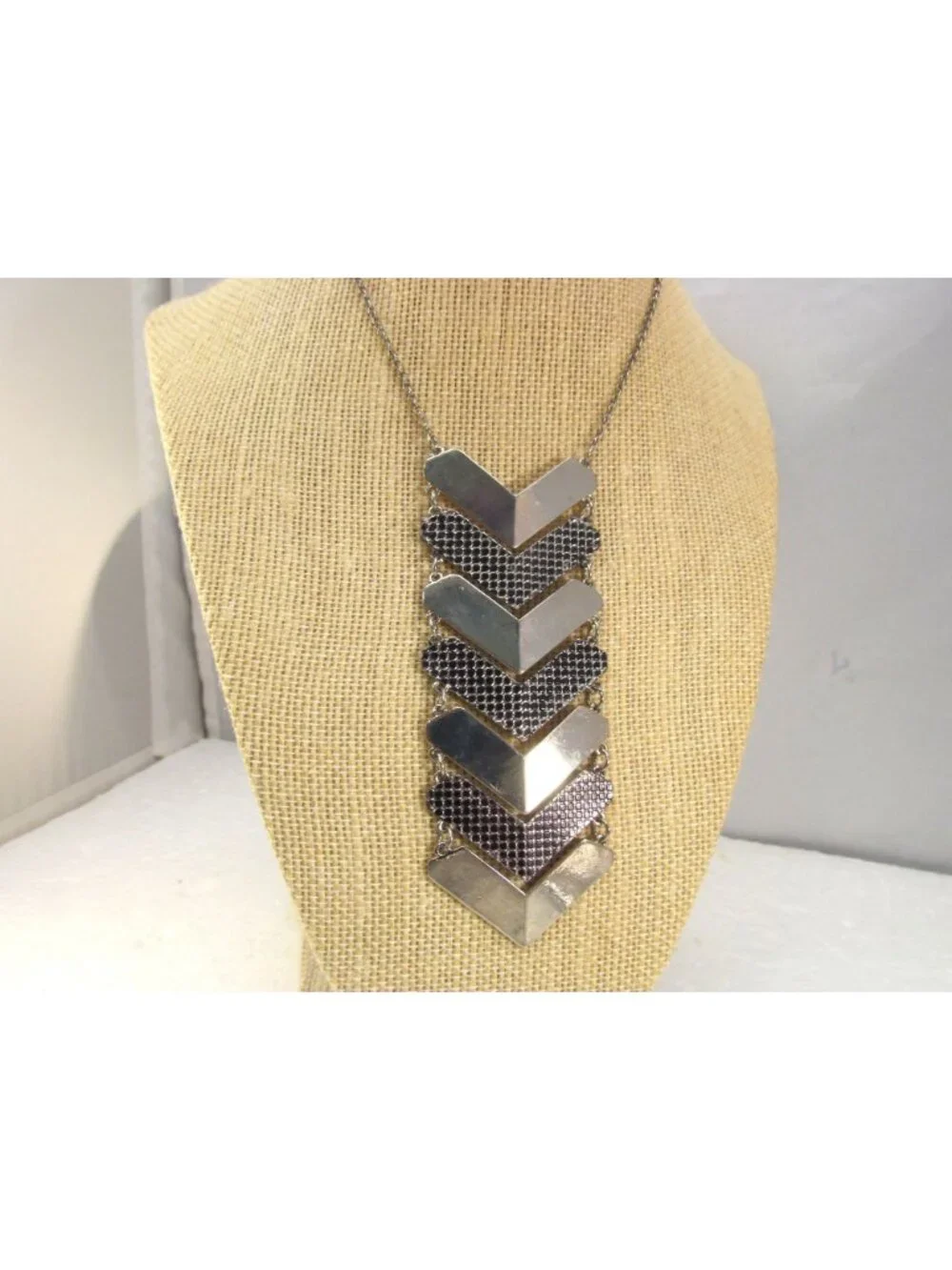 Chevron Statement Necklace with Silver Tone Metal Black Detail Adjustable Chain